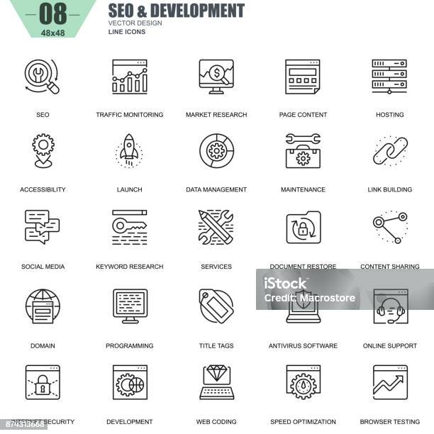 Thin Line Seo And Development Icons Set For Website Stock Illustration - Download Image Now