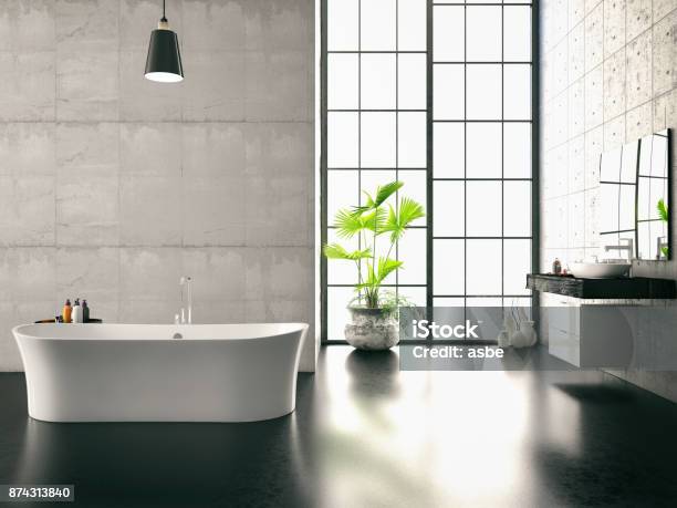 Modern Bathroom Stock Photo - Download Image Now - Bathroom, Bathtub, Black Color