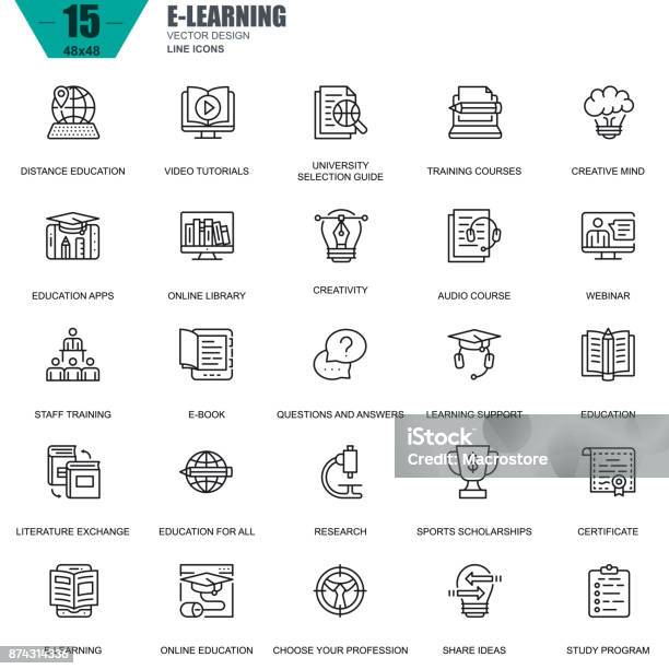 Thin Line Online Education Elearning Ebook Icons Stock Illustration - Download Image Now