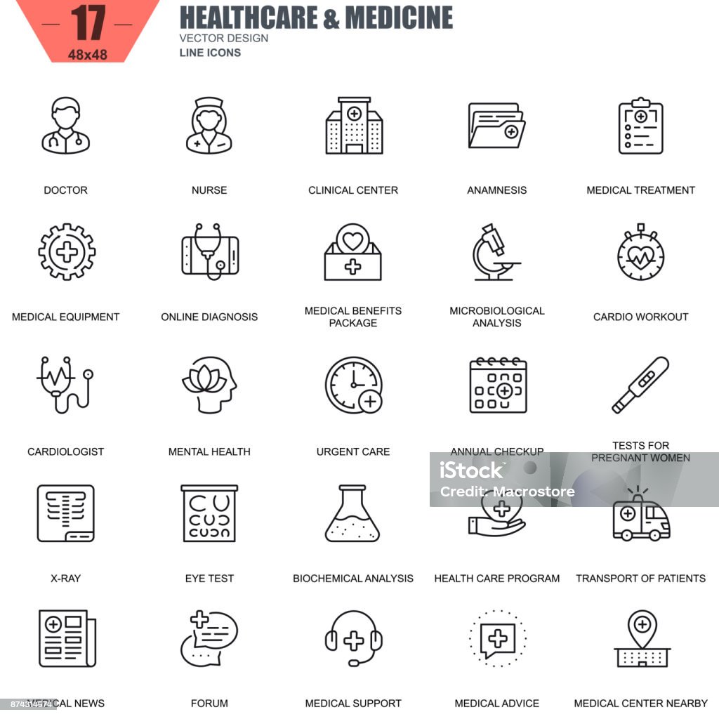 Delgada línea de salud y medicina, hospital servicios de iconos - arte vectorial de Ícono libre de derechos
