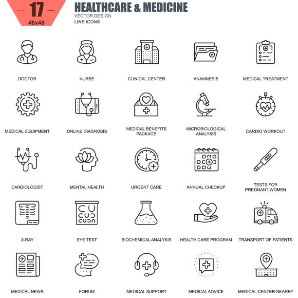 ilustraciones, imágenes clip art, dibujos animados e iconos de stock de delgada línea de salud y medicina, hospital servicios de iconos - infografías médicas