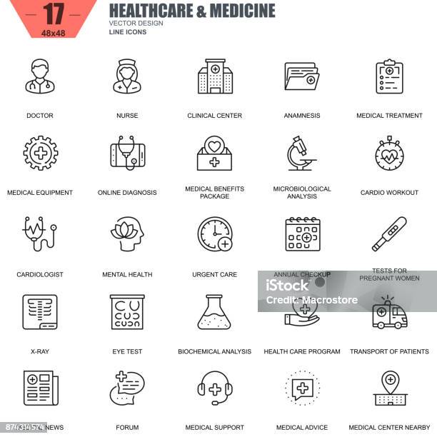 Ilustración de Delgada Línea De Salud Y Medicina Hospital Servicios De Iconos y más Vectores Libres de Derechos de Ícono