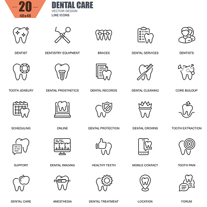 Thin line dental care, dentistry equipment, hygiene icons set for website and mobile site and apps. Contains such Icons as Dentist, Braces. 48x48 Pixel Perfect. Editable Stroke. Vector illustration.