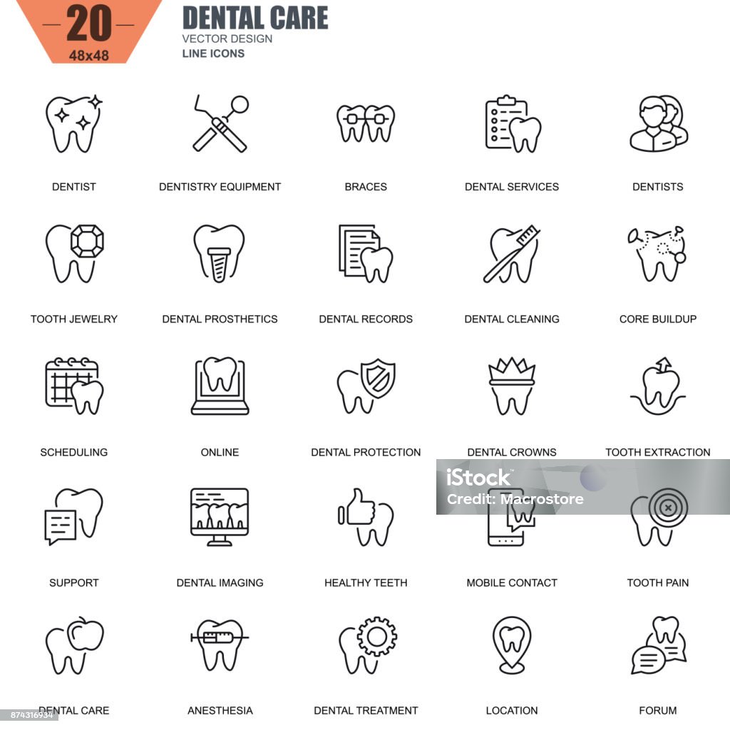 Thin line dental care, dentistry equipment, hygiene icons Thin line dental care, dentistry equipment, hygiene icons set for website and mobile site and apps. Contains such Icons as Dentist, Braces. 48x48 Pixel Perfect. Editable Stroke. Vector illustration. Icon Symbol stock vector