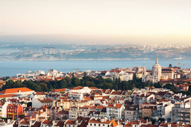 Lisbon Cityscape Lisbon cityscape with National Pantheon (Church of Santa Engrácia) and the Tagus river. national pantheon lisbon stock pictures, royalty-free photos & images