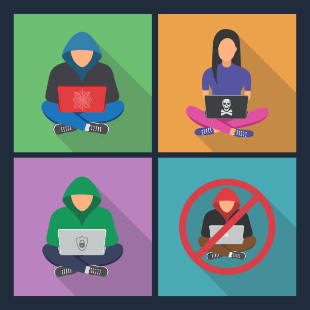 Hacker icons.Hacker with laptop, hacking the Internet Hackers with laptop, hacking the Internet, concept vector illustration, activity, computer security technology concept computer worm computer bug cartoon stock illustrations