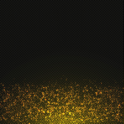 Vector gold glitter dust texture. Transparent glitter sparkle trail on black background