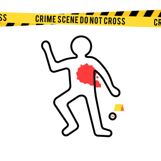 범죄 현장, 위험 테이프와 총알 - crime scene chalk outline crime murder stock illustrations