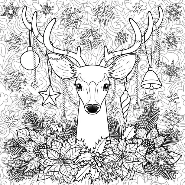 Vector illustration of Christmas Deer on Doodle Seamless Background