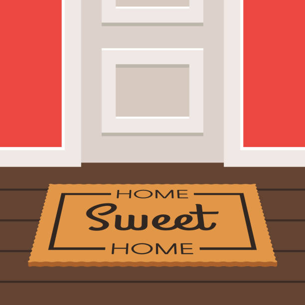süße heimat fußmatte und tür - door mat stock-grafiken, -clipart, -cartoons und -symbole