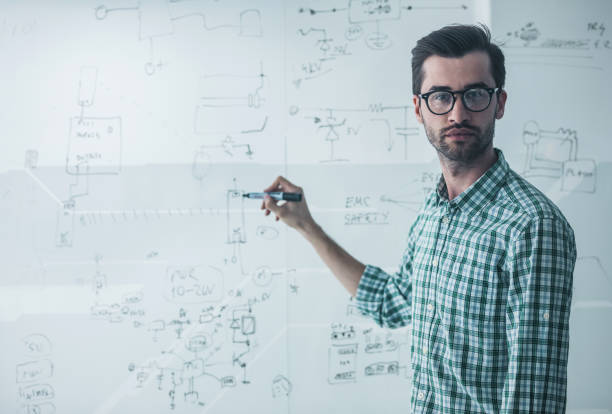 istock Young engineer drawing a diagram on a glass in the office. 874331266