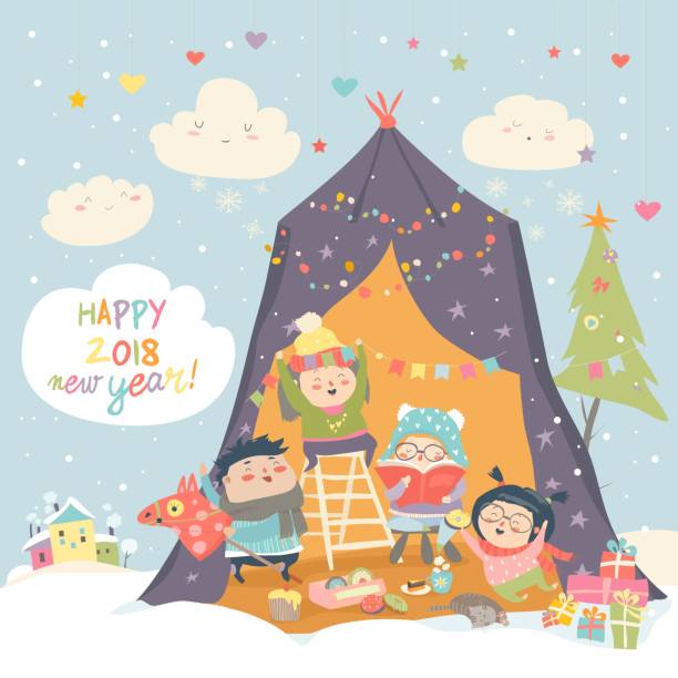 ilustrações de stock, clip art, desenhos animados e ícones de happy children celebrating christmas - humor book fun human age