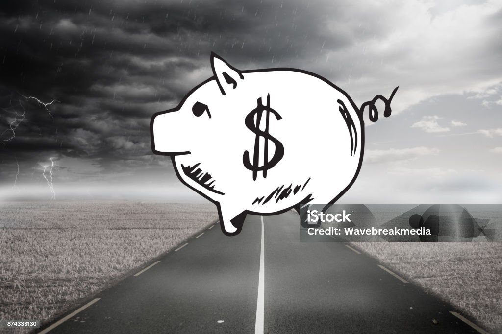 Piggy bank over street and stormy sky Cloudscape Stock Photo