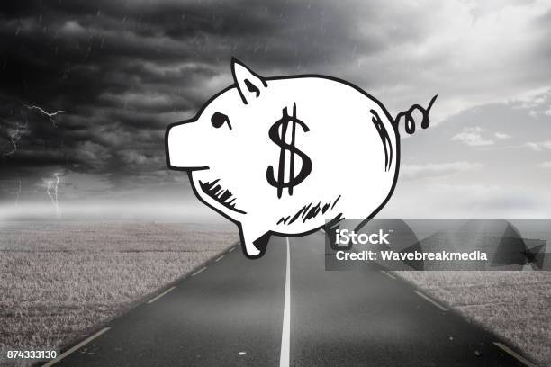 Piggy Bank Over Street And Stormy Sky Stock Photo - Download Image Now - Cloudscape, Computer Graphic, Dark