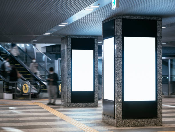 mock up blank banners media display in public building interior blur people - estação imagens e fotografias de stock