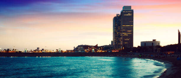 istock Panoramic view of Barceloneta beach in night 874343288