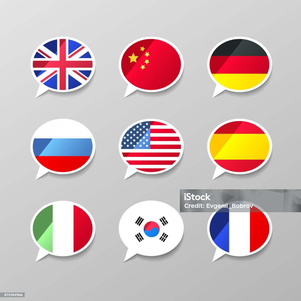 Set of nine colorful speech bubbles with flags, different language concept English Language stock vector