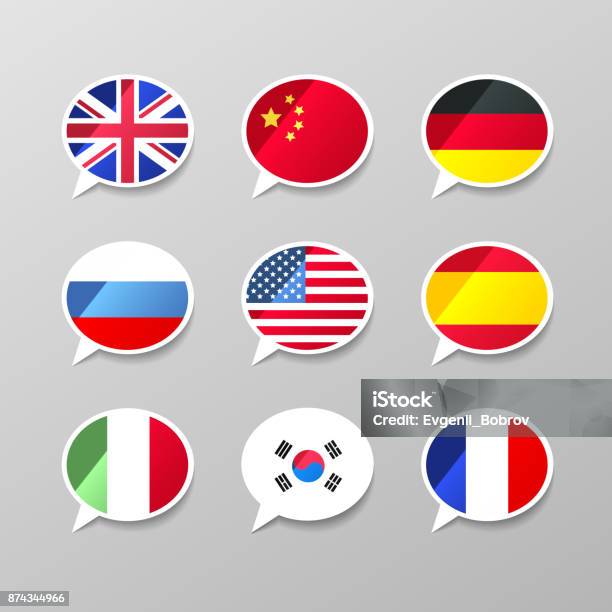 Set Of Nine Colorful Speech Bubbles With Flags Different Language Concept Stock Illustration - Download Image Now
