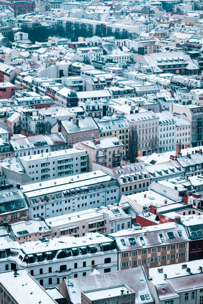 Aerial view of snow covered rooftops in Berlin, Germany