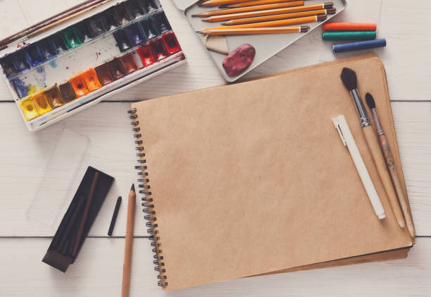 istock Drawing tools, stationary, workplace of artist 874347136