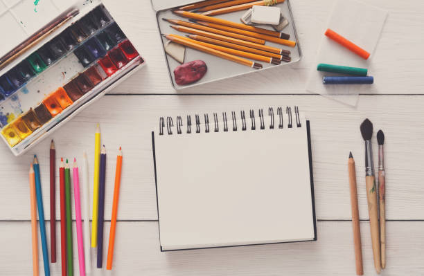 istock Drawing tools, stationary, workplace of artist 874347264