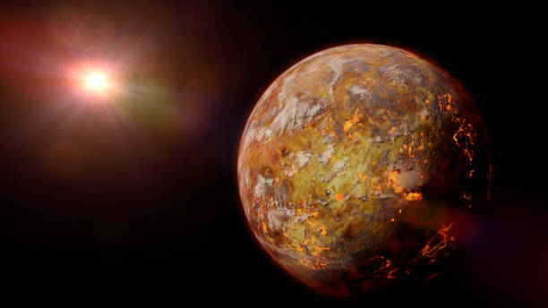 istock alien planet with lava streams lit by a bright and hot star (3d illustration) 874347752