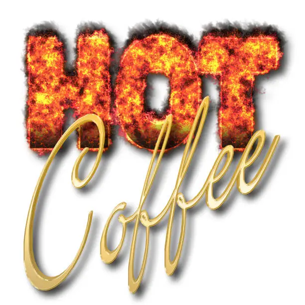 Burning in flames HOT, Golden Coffee, 3D Illustration, White background.