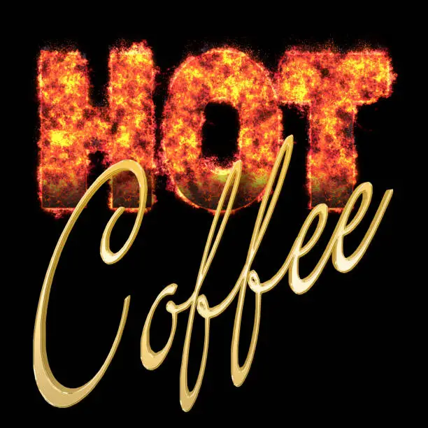 Burning in flames HOT, Golden Coffee, 3D Illustration, Black background.