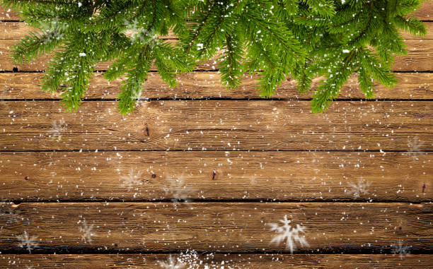 frame of fir branches and snowflakes stock photo