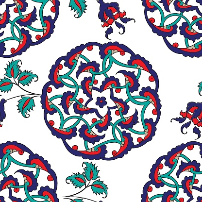 Turkish Iznik tile, seamless islamic pattern with pretty oriental curves and floral details, digital hand drawn symmetric tile design