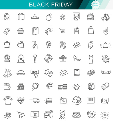 Shopping malls, retail - outline web icon collection, vector, thin line icons collection