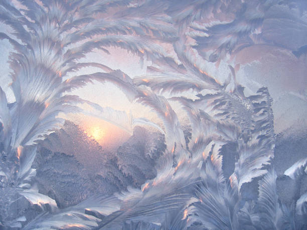 istock Beautiful ice pattern and sunlight on winter glass 874369076