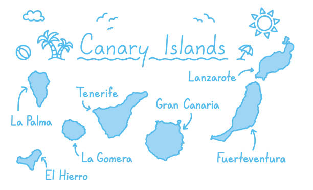 stockillustraties, clipart, cartoons en iconen met canarische eilanden kaart hand tekenen doodle overzicht blauwe geïsoleerde reizende concept - canarische eilanden