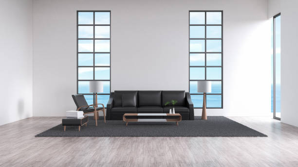 istock Modern interior living room wood floor sofa set sea view summer 3d rendering 874372126