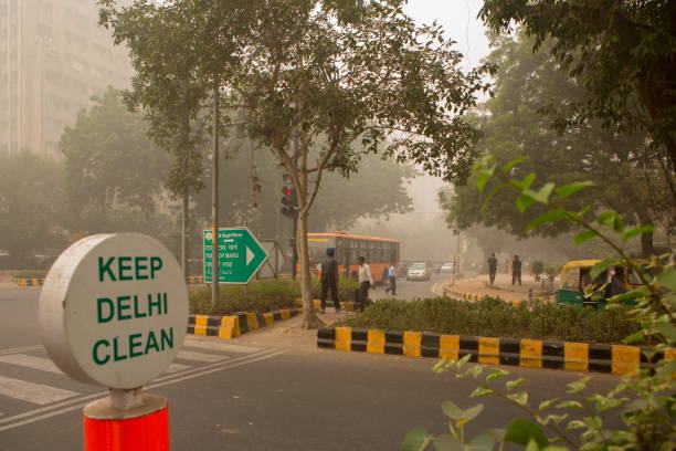 туманный дневной вид на улицу нью-дехи - pollution street city street fog стоковые фото и изображения