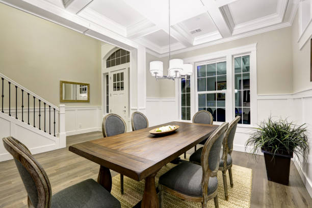 istock Lovely craftsman style dining room with coffered cealing 874372868