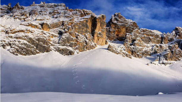 panorama invernale di latemar con pista da sci freeride in mezzo alla neve fresca - latemar mountain range foto e immagini stock