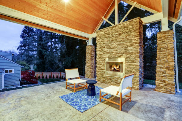 istock Chic covered back patio with built in gas fireplace 874373428