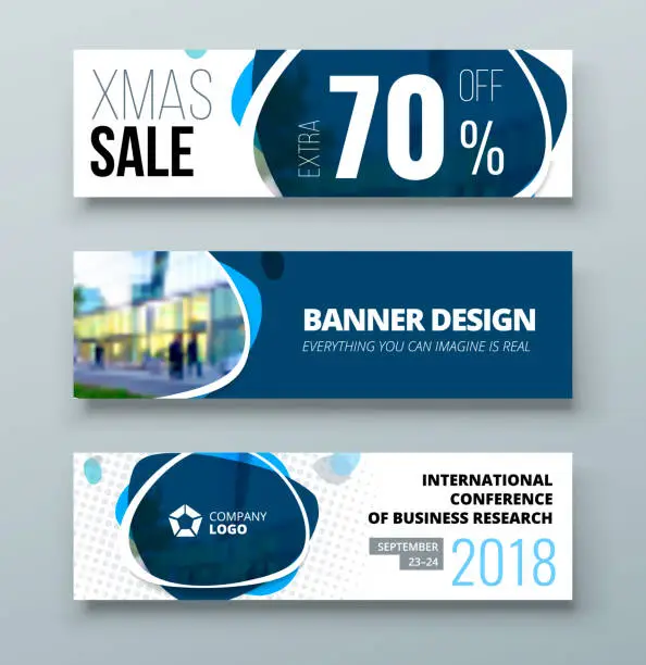 Vector illustration of Banner template design. Presentation concept. Blue Corporate business banner template background. Horizontal banner stand or flag design layout. For conference, forum, shop, web site.