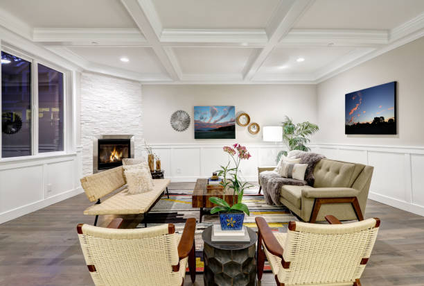 istock Lovely craftsman style living room with coffered cealing 874376062
