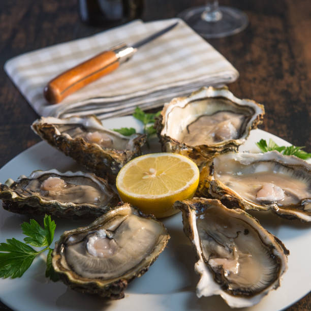 istock Oysters closed and lemon on grey background seafood 874376106