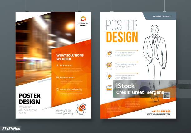 Poster Design A3 A2 A1 Orange Corporate Business Template For Poster Banner Placard Billboard Movie Poster Layout With Modern Elements And Abstract Triangle Background Creative Concept Stock Illustration - Download Image Now