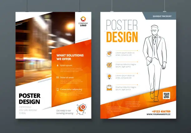 Vector illustration of Poster design. A3, A2, A1. Orange Corporate business template for poster, banner, placard, billboard, movie poster. Layout with modern elements and abstract triangle background. Creative concept