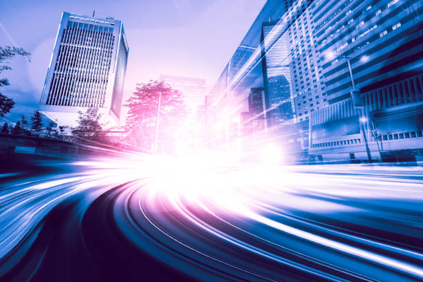 istock Abstract Motion Speed Light with Night City Background 874382902