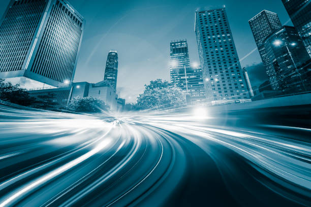 istock Abstract Motion Speed Light with Night City Background 874382914