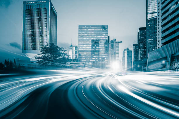 istock Abstract Motion Speed Light with Night City Background 874382916