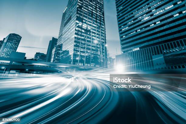 Abstract Motion Speed Light With Night City Background Stock Photo - Download Image Now