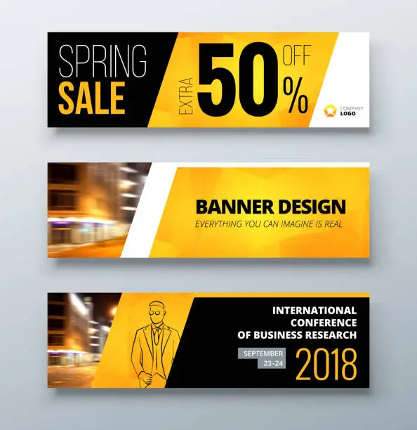 Vector illustration of Banner template design. Presentation concept. Black Yellow Corporate business banner template background. Horizontal template banner stand or flag design layout. For conference, forum, shop, web site.