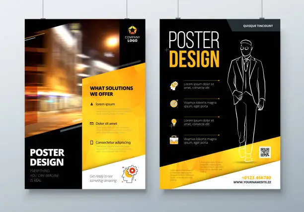 Vector illustration of Poster design. A3, A2, A1. Black Yellow Corporate business template for poster, banner, placard, billboard, movie poster. Layout with modern elements and abstract triangle background. Creative concept