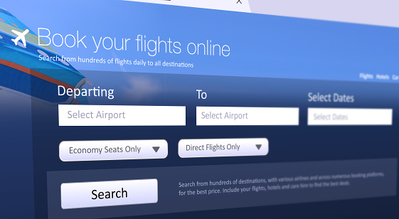 A close up of a fictional webpage used to book flights online